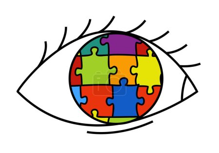 Día de la conciencia del autismo. Logotipo del trastorno del espectro autista, signo. Afiche ASD, pancarta, impresión. Ilustración vectorial editable en colores vibrantes con un rompecabezas en un ojo aislado sobre un fondo blanco