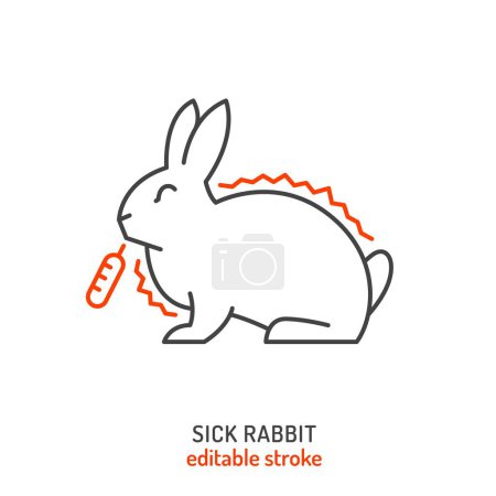 Rabbit fever and lethargy icon. Hyperthermia in rabbits. Elevated body temperature, inflammation sign. Pet health concerns. Editable vector illustration in line style isolated on a white background