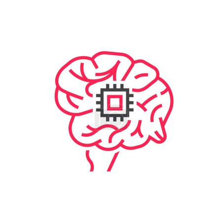 Illustration for Implantation of a neural chip into the human brain. Interface between human brain and computer. Linear icon, pictogram, sign. Editable vector illustration isolated on a white background - Royalty Free Image
