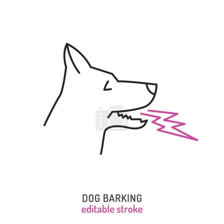 Dog barking. Canine aggression icon, pictogram, symbol. Barky dogs. Doggy vocalization. Shepherd howling. Veterinarian concept. Editable vector illustration in outline style on a white background