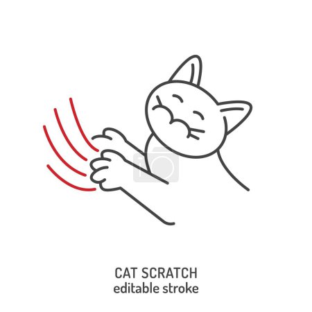 Illustration for Cat scratch. Common pet behavior symbol. Excessive scratching. Linear icon, sign, pictogram. Veterinarian concept. Editable isolated vector illustration in outline style on a white background - Royalty Free Image