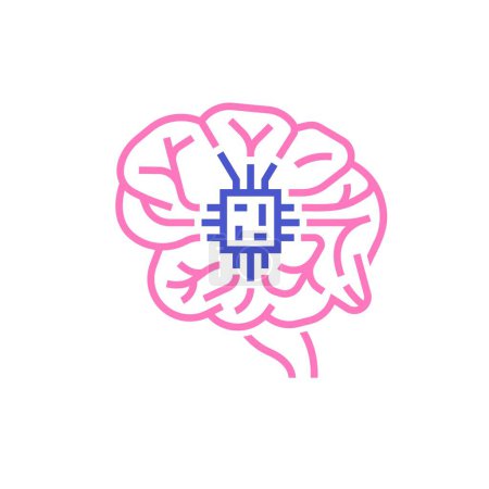 Implantación de un chip neural en el cerebro humano. Interfaz entre el cerebro humano y la computadora. Icono lineal, pictograma, signo. Ilustración vectorial editable aislada sobre fondo blanco