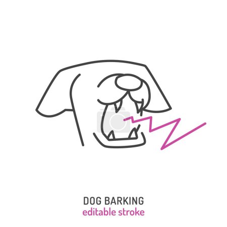 Illustration for Dog barking. Canine aggression icon, pictogram, symbol. Barky dogs. Doggy vocalization. Shepherd howling. Veterinarian concept. Editable vector illustration in outline style on a white background - Royalty Free Image