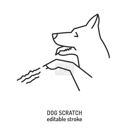 Illustration for Dog scratch. Common pet behavior symbol. Excessive scratching. Linear icon, sign, pictogram. Veterinarian concept. Editable isolated vector illustration in outline style on a white background - Royalty Free Image