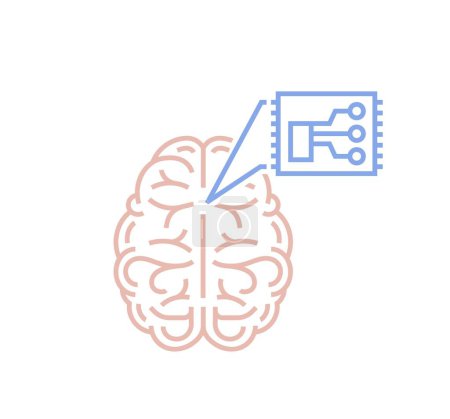 Illustration for Implantation of a neural chip into the human brain. Interface between human brain and computer. Linear icon, pictogram, sign. Editable vector illustration isolated on a white background - Royalty Free Image