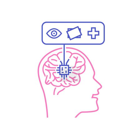 Implantación de un chip neural en el cerebro humano. Interfaz entre el cerebro humano y la computadora. Diseño lineal. Banner gráfico. Ilustración vectorial editable aislada sobre fondo blanco