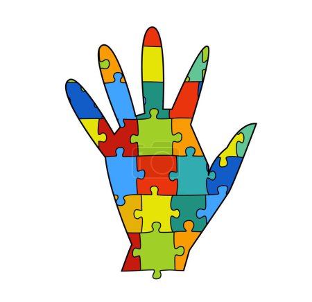 Hand symbol composed of a vibrant spectrum of colors. Puzzles represent the diversity of human minds and experiences. Hand-drawn editable vector illustration isolated on a white background