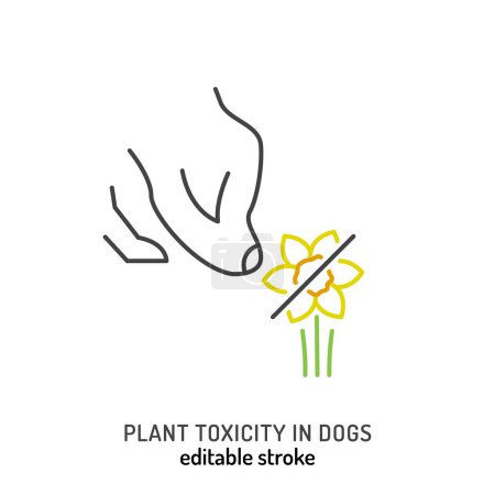 Illustration for Dog injuries. Plant toxicity icon, pictogram. Vegetal poisoning symbol. Dangerous plants for dogs. Toxic flower ingestion. Editable isolated vector illustration in outline style on a white background - Royalty Free Image