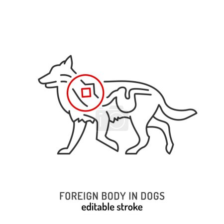 Illustration for Injuries in dogs. Foreign body trauma icon, pictogram. Ingestion symbol. Stomach obstruction in dog. Obstructive item. Editable isolated vector illustration in outline style on a white background - Royalty Free Image