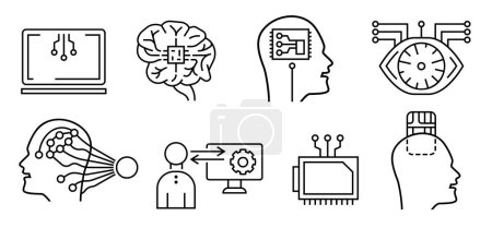 Implantation of a neural chip into the human brain. Interface between human brain and computer. Linear design. Icons set. Graphic banner. Editable vector illustration isolated on a white background