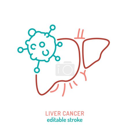 Hepatocellular carcinoma, adenocarcinoma outline icon. Malignant hepatic growth sign. Medical, healthcare linear pictogram. Liver cell cancer. Editable vector illustration isolated on white background