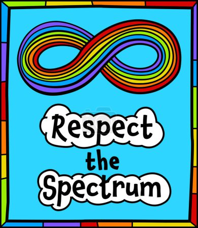 Respect the spectrum. Infinity symbol composed of different colors. Diversity of human minds and experiences. Vertical poster, banner. Hand-drawn editable vector illustration on a blue background