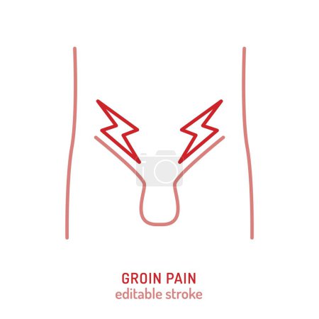 Groin ache outline icons, sign. Inner thigh pain pictogram. Lower torso discomfort symbol. Medicine, healthcare concept in linear style. Editable vector illustration isolated on a white background