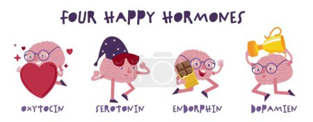 Quatre hormones heureuses. Dopamine, endorphine, sérotonine, ocytocine. Des neurotransmetteurs importants. Affiche paysage avec des personnages créatifs. Illustration vectorielle modifiable isolée sur fond blanc.