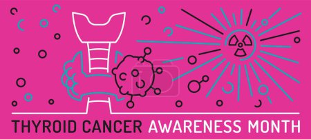 Thyroid cancer awareness month in september. Papillary thyroid carcinoma. Oncology landscape banner, poster. Cancer fighter. Editable vector illustration in linear style isolated on a pink background