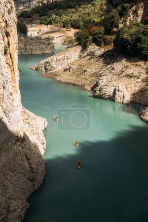 Photo for Aerial view of the Congost de Mont-rebei gorge and kayakers in Catalonia, Spain. - Royalty Free Image