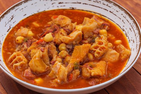 Ration of tripe Madrid style on rustic plate on a wooden table. Callos a la Madrilena - typical spanish dish.