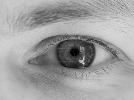 Detailed black and white close-up of a human eye, showcasing the iris texture