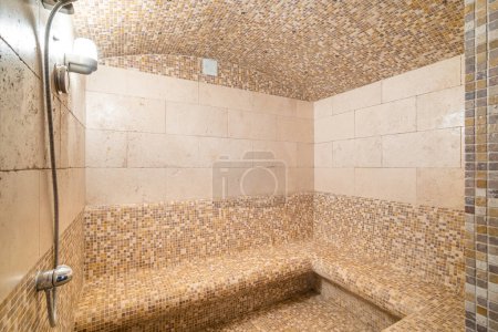 Photo for Turkish hammam with beautiful marble mosaic in oriental colors. Mosaic with picture illustrating oriental motifs. Lighting helps you get in right mood. Place for complete relaxation and enjoyment - Royalty Free Image