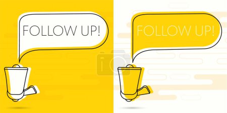 Illustration for Follow up. Megaphone and colorful yellow speech bubble with quote. Blog management, blogging and writing for website. Concept poster for social networks, advertising, banner. Flat design - Royalty Free Image