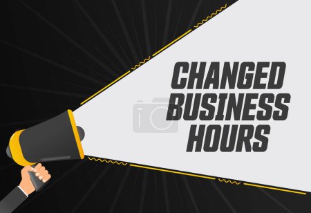 Changed business hours. Megaphone in hand promotion banner. Promotional advertising, marketing speech or client support vector illustration