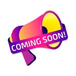 Coming Soon banner label, badge icon with megaphone. Flat design. Vector illustration