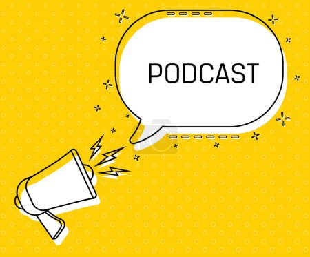 Illustration for Podcast Megaphone and colorful yellow speech bubble with quote. Blog management, blogging and writing for website. Concept poster for social networks, advertising, banner. Flat design - Royalty Free Image