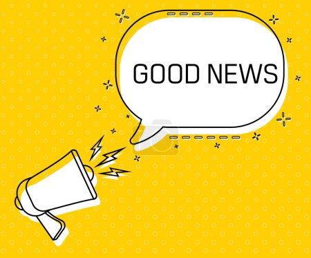 Good news. Megaphone and colorful yellow speech bubble with quote. Blog management, blogging and writing for website. Concept poster for social networks, advertising, banner. Flat design