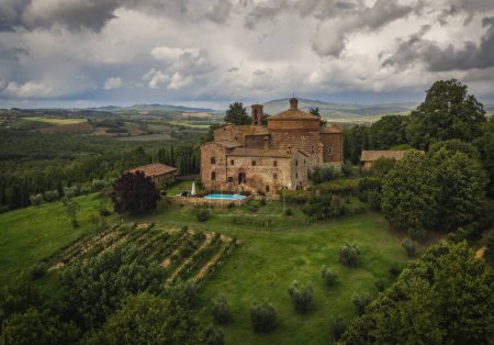 Photo for Chiusdino, Italy - September 2022: Aerial view on the Chapel of San Galgano in Montesiepi - Royalty Free Image
