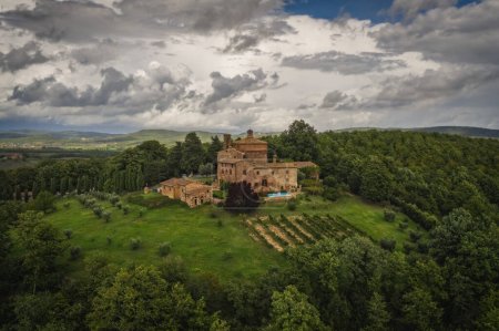 Photo for Chiusdino, Italy - September 2022: Aerial view on the Chapel of San Galgano in Montesiepi - Royalty Free Image