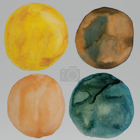 Téléchargez les photos : Aquarelle abstraite cercle coloré isolé Peinture par tache ronde organique dessinée à la main colorée, Illustration d'élément - en image libre de droit