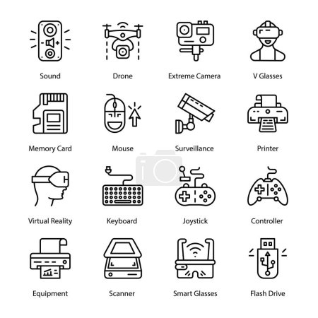 Illustration for Scan, Shredder, Graphics Tablet, UPS, Adapter, Power Bank, Wifi device, Fintech, CPU, Motherboard, Sound Card, Network Card, RAM, USB Controller, HDD, SD, Outline Icons - Stroked, Vectors - Royalty Free Image