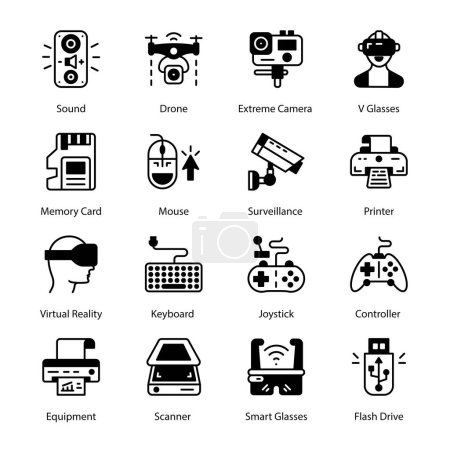Illustration for Scan, Shredder, Graphics Tablet, UPS, Adapter, Power Bank, Wifi device, Fintech, CPU, Motherboard, Sound Card, Network Card, RAM, USB Controller, HDD, SD,  Glyph Icons - Solid, Vectors - Royalty Free Image