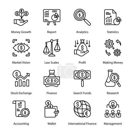 Illustration for Money Growth, Report, Analytics, Statistics, Stock Exchange, Finance, Search Funds, Research, International Finance, Management, Market Vision,  Outline Icons - Stroked, Vectors - Royalty Free Image