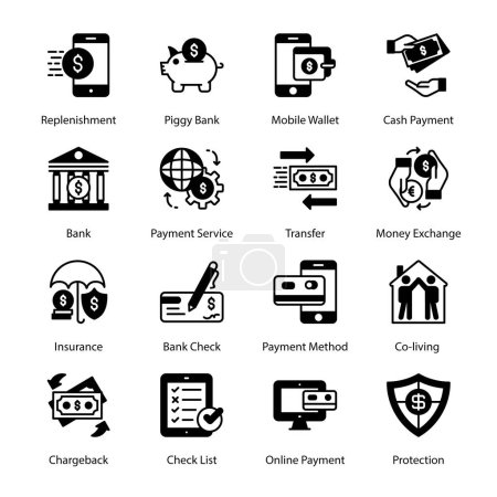 Illustration for Replenishment, Piggy Bank, Mobile Wallet, Cash Payment, Insurance, Bank Cheque, Payment Method, Co-living, Online Payment, Protection, Glyph Icons - Solid, Vectors - Royalty Free Image