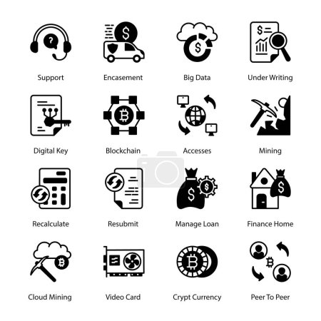 Illustration for Support, Encasement, Big Data, Underwriting, Recalculate, Resubmit, Manage Loan, Finance Home, Crypt Currency, Peer To Peer, Digital Key, Glyph Icons - Solid, Vectors - Royalty Free Image