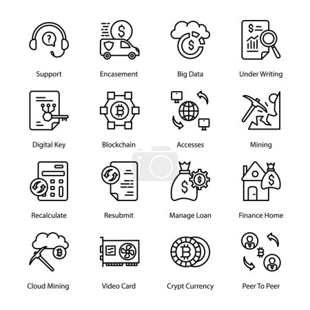 Illustration for Support, Encasement, Big Data, Underwriting, Recalculate, Resubmit, Manage Loan, Finance Home, Crypt Currency, Peer To Peer, Digital Key, Outline Icons - Stroked, Vectors - Royalty Free Image