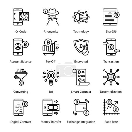 Illustration for Centralization, Stocks, Proptech, Crypto Flow, Ripple Calculator, Distributed Ledger, Monitoring, White Paper, Bitcoin Calculator, Hash Function,  Outline Icons - Stroked, Vectors - Royalty Free Image