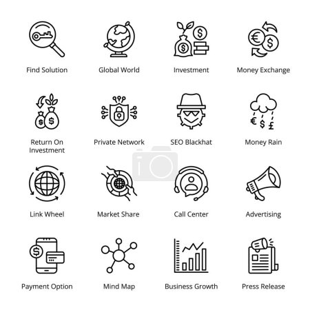 Illustration for Call Center, Advertising, Find Solution, Global World, Investment, Money Exchange, Link Wheel, Market Share, Payment Option, Mind Map, Business Growth Outline Icons - Stroked, Vectors - Royalty Free Image