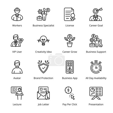 Ilustración de Business App, All Day Availability, Workers, Business Specialist, License, Career Goal, Avatar, Brand Protection, Lecture, Job Letter, Pay Per Click, Presentation, VIP User, Outline Icons - Stroked, Vectors - Imagen libre de derechos