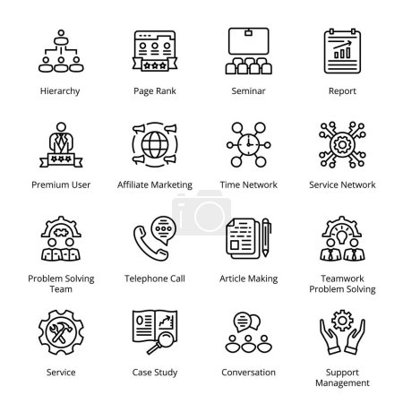 Illustration for Seminar, Report, Problem Solving Team, Telephone Call, Article Making, Teamwork Problem Solving, Hierarchy, Page Rank, Premium User, Affiliate Marketing, Time  Outline Icons - Stroked, Vectors - Royalty Free Image