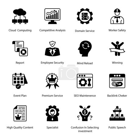 Illustration for SEO Maintenance, Backlink Checker, Cloud Computing, Competitive Analysis, Domain Service, Worker Safety, Event Plan, Premium Service, High Quality Content, Specialist Glyph Icons - Solid, Vectors - Royalty Free Image