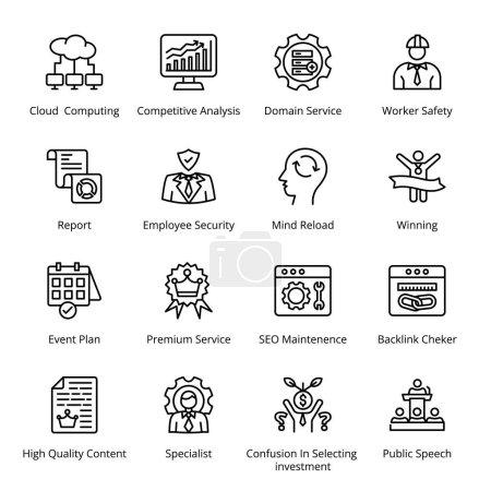 Illustration for SEO Maintenance, Backlink Checker, Cloud Computing, Competitive Analysis, Domain Service, Worker Safety, Event Plan, Premium Service, High Quality Content, Specialist Outline Icons - Stroked, Vectors - Royalty Free Image