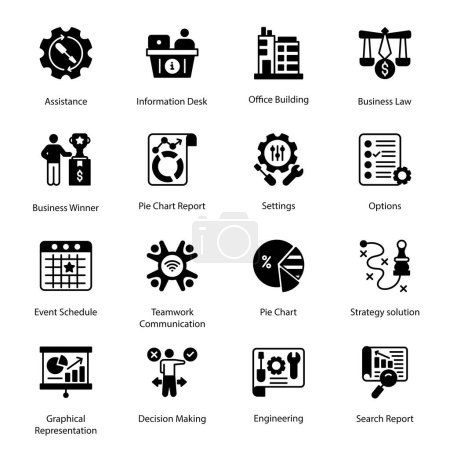 Illustration for Pie Chart, Strategy solution, Assistance, Information Desk, Office Building, Business Law, Event Schedule, Teamwork Communication, Graphical Representation, Decision  Glyph Icons - Solid, Vectors - Royalty Free Image