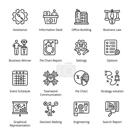 Illustration for Pie Chart, Strategy solution, Assistance, Information Desk, Office Building, Business Law, Event Schedule, Teamwork Communication, Graphical Representation, Decision  Outline Icons - Stroked, Vectors - Royalty Free Image