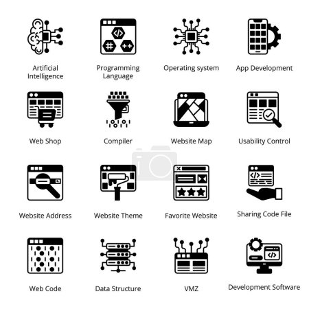 Illustration for Artificial Intelligence, Programming Language, Operating system, App Development, Website Address, Website Theme, Favorite Website, Sharing Code File, Glyph Icons - Solid, Vectors - Royalty Free Image