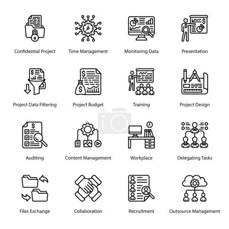 Illustration for Confidential Project, Time Management, Monitoring Data, Presentation, Project Data Filtering, Project Budget, Training, Project Design, Auditing, Content Management,  Outline Icons - Stroked, Vectors - Royalty Free Image