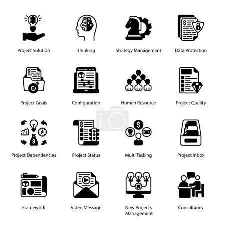 Illustration for Project Solution, Thinking, Strategy Management, Data Protection, Project Goals, Configuration, Human Resource, Project Quality, Project Dependencies, Project Status, Glyph Icons - Solid, Vectors - Royalty Free Image