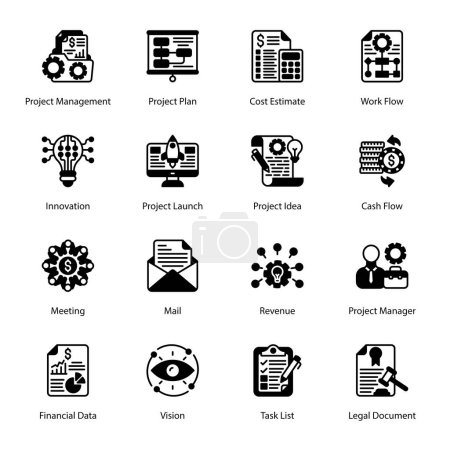 Illustration for Project Management, Project Plan, Cost Estimate, Work Flow, Meeting, Mail, Revenue, Project Manager, Task List, Legal Document, Innovation, Project Launch, Project Idea,  Glyph Icons - Solid, Vectors - Royalty Free Image