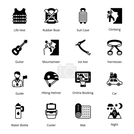 Illustration for Online Booking, Car, Life Vest, Rubber Boat, Suit Case, Climbing, Guide, Hiking Helmet, Water Bottle, Cooler, Mat, Night, Guitar, Mountaineer, Ice Axe, Harnesses,  Glyph Icons - Solid, Vectors - Royalty Free Image